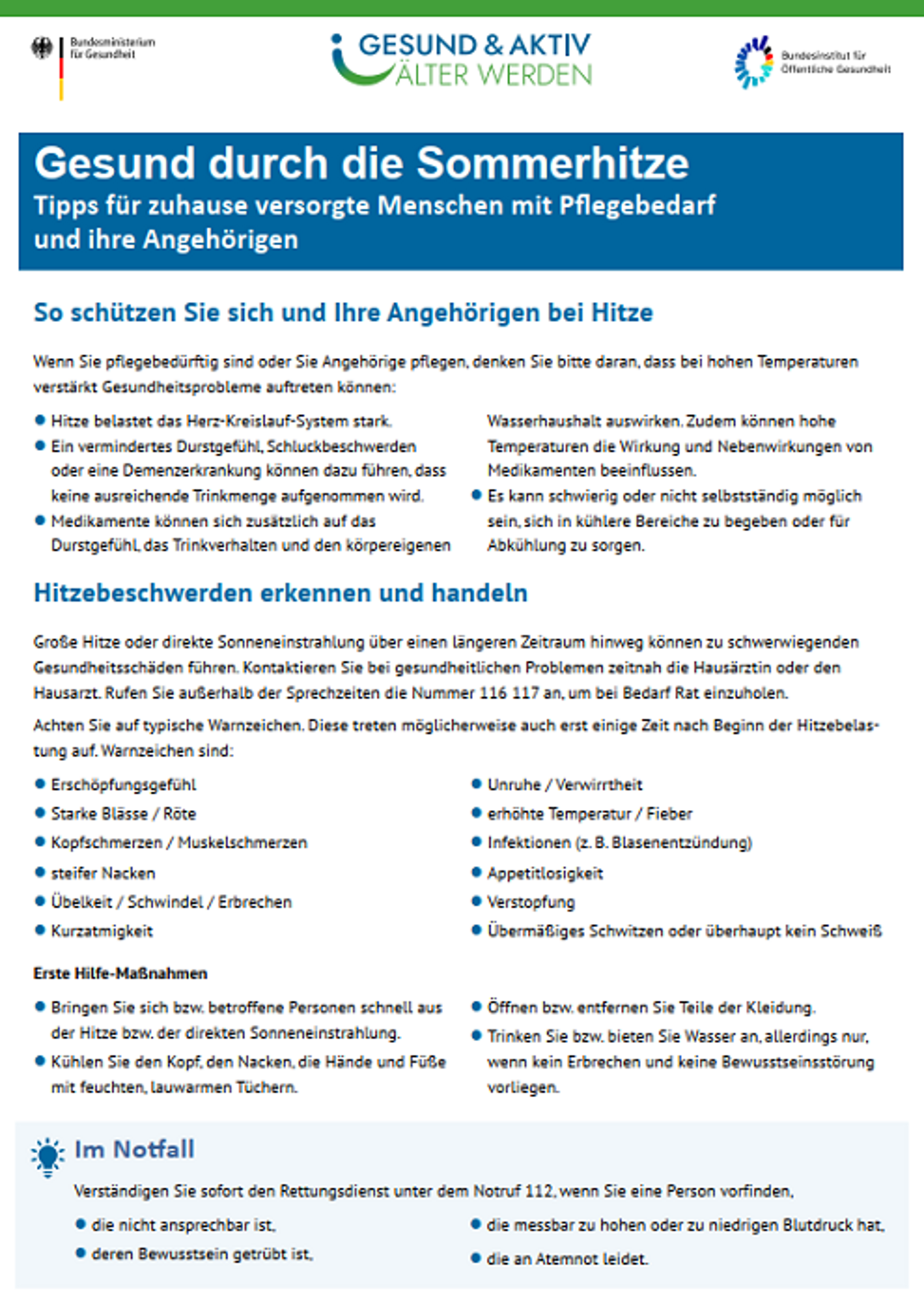 Ansicht Merkblatt Hitze bei Pflegebedarf